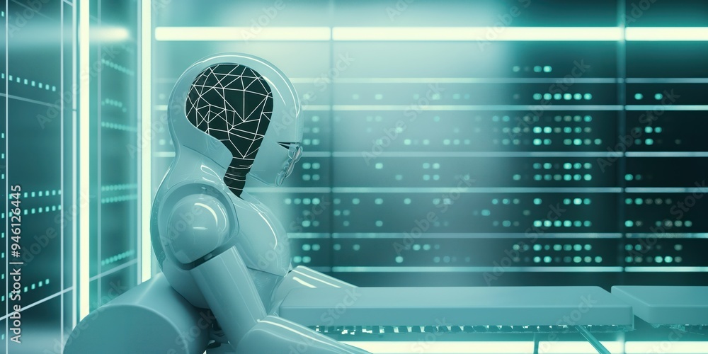 Poster man in suit with futuristic headset on, surrounded by digital information streams. virtual brain-lik