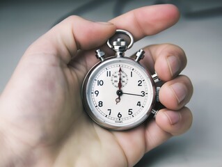 Hand holds stopwatch with silver frame and black numbers and hands. Stopwatch is centered, fingers point upwards. Light gray background provides neutral tone.