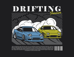 Fototapeta premium Drifting 90s Car Illustration Graphic Vector Design For Tees