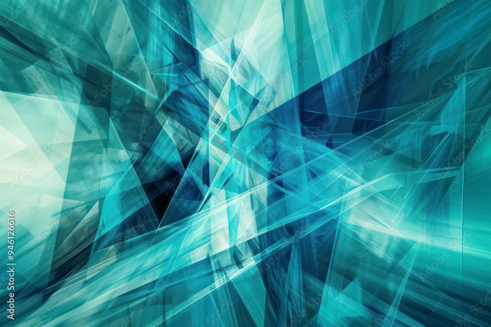 Poster futuristic digital artwork with angular patterns against a dynamic cyan gradient background.
