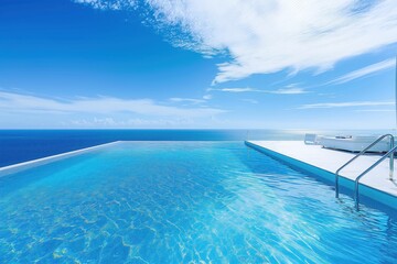 Obraz premium Luxury infinity pool on bright summer day. Tropical resort with blue water, palm trees, sun loungers. Nobody in sight, calm sea, sky. Perfect spot for relaxation, swimming. Modern villa with poolside
