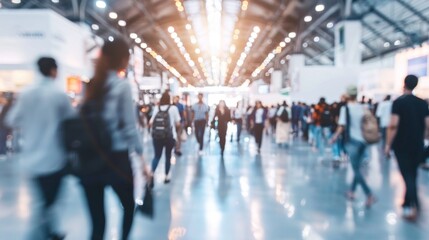 A bustling convention center scene with blurred figures in motion, high white ceilings, glossy blue floors, and individuals wearing backpacks, evoking a crowded and lively atmosphere.