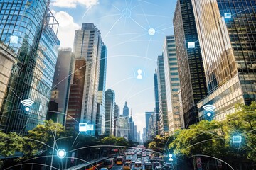 Obraz premium Cityscape with skyscrapers, grid of streets, wireless communication networks. Smart buildings, homes, city infrastructure connected to internet. Cloud computing, digital data, sensors form complex
