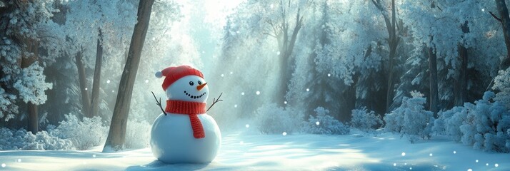 A snowman in the snow with trees in the background