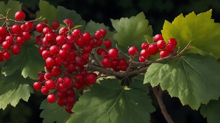 Fototapeta premium High quality branch closeup of red viburnum or guelder rose with ripe berries on bush, Viburnum opulus realistic background design.