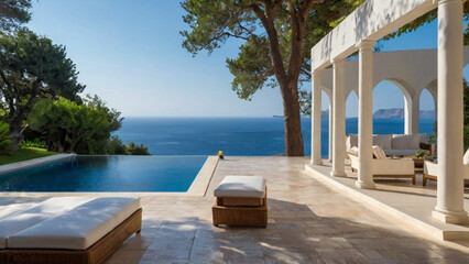 Obraz premium A large pool with a white wall and a blue sky in the background. The pool is surrounded by white lounge chairs