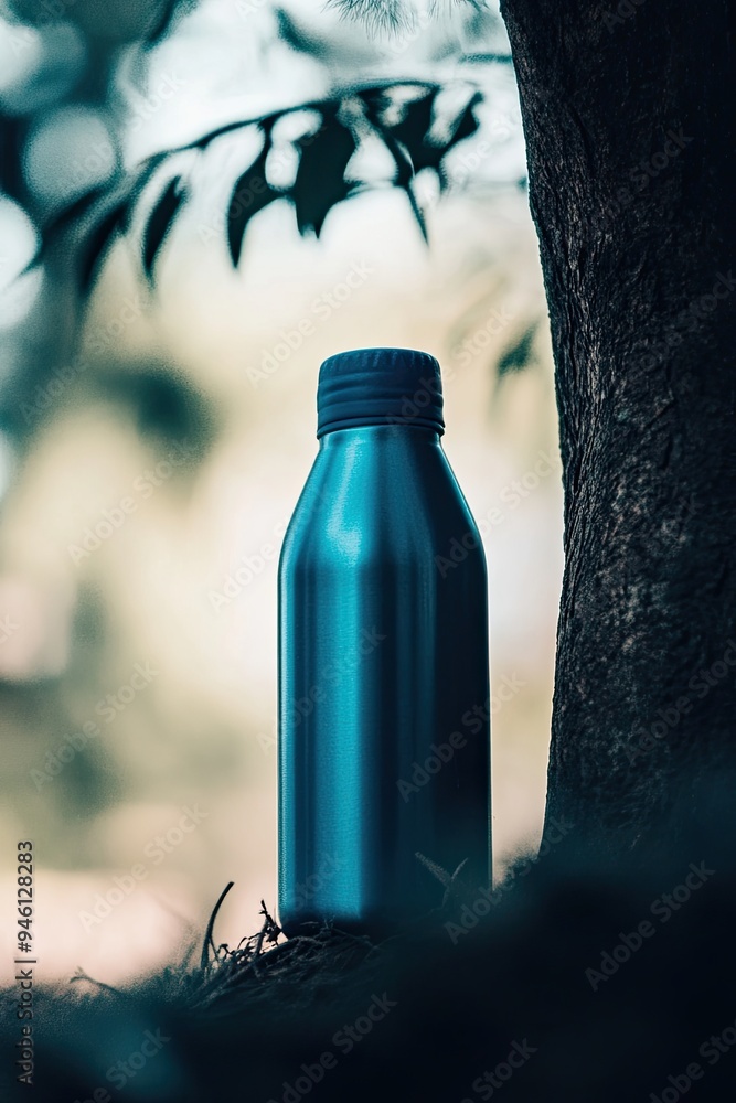 Sticker Stylish Metal Bottle Amid Nature's Background