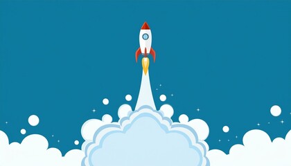 Rocket taking off releasing smoke on blue background, startup concept
