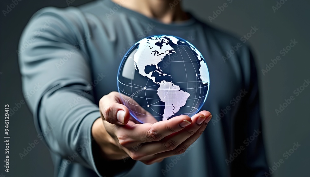 Poster man holding data sphere with colorful ai neural connections - close-up against gray background