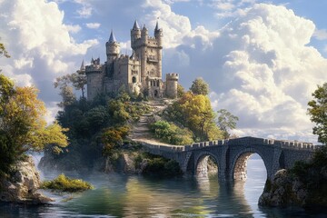 A castle on a hill with a bridge leading to it