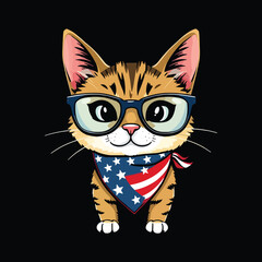 Awesome cat with sunglass and American flag scarf vector illustration design