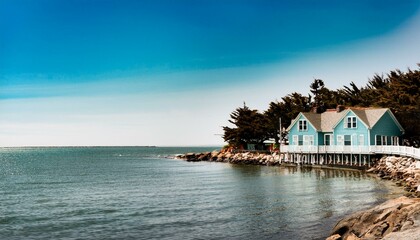 Casa de madera, con vistas al mar, de barandillas blancas y grandes ventanas