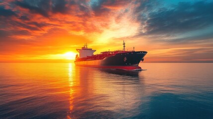 Naklejka premium Shipping Vessel Navigating Sunset Horizon