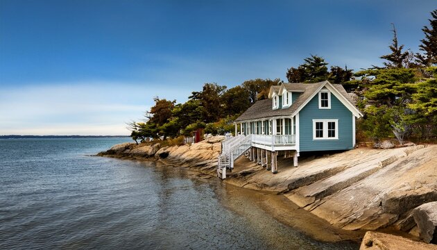 Casa de madera, con vistas al mar, de barandillas blancas y grandes ventanas