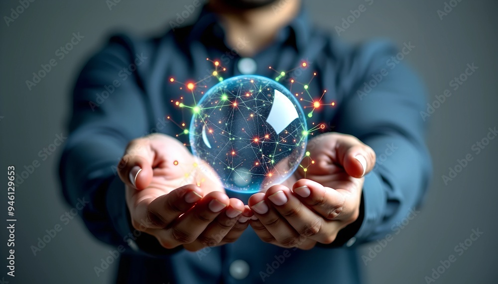 Poster man holding data sphere with colorful ai neural connections - close-up against gray background