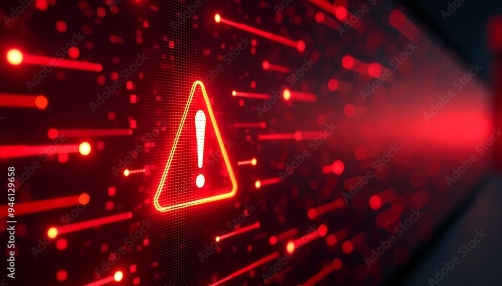 Poster abstract red digital background with orange exclamation sign - cyber grid warning symbolizing online