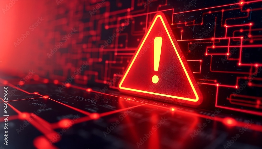 Poster abstract red digital background with orange exclamation sign - cyber grid warning symbolizing online