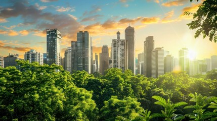 Sustainable city infrastructure green buildings and transport urban eco solutions skyline.