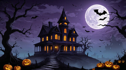 Halloween background featuring a spooky, dark night scene, glowing full moon casting eerie light over the landscape.
