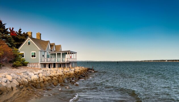 Casa de madera, con vistas al mar, de barandillas blancas y grandes ventanas