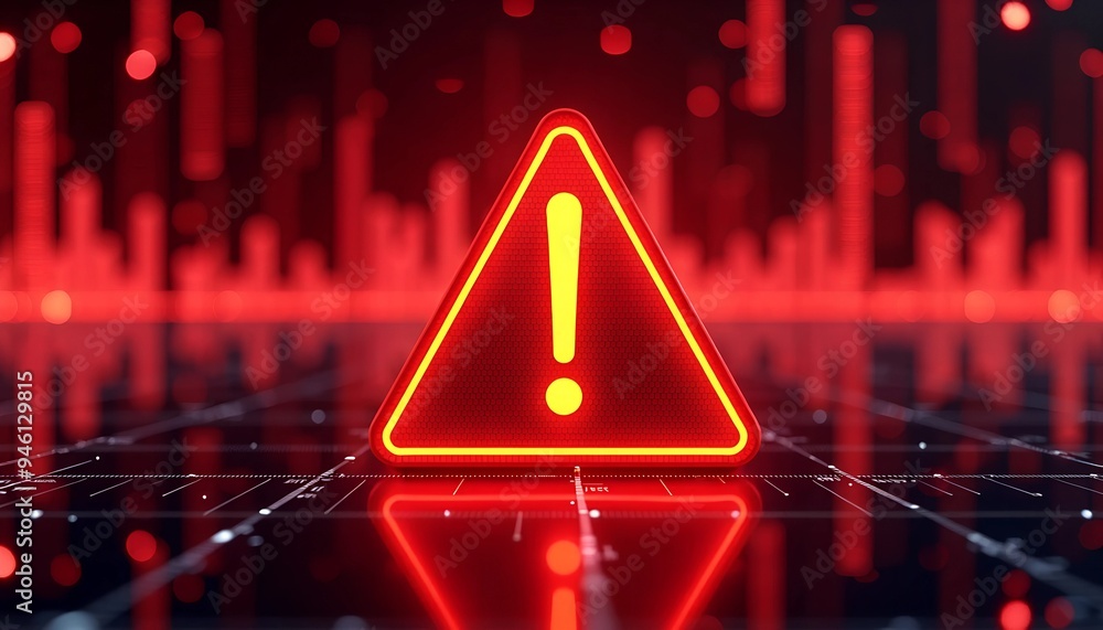 Poster abstract red digital background with orange exclamation sign - cyber grid warning symbolizing online