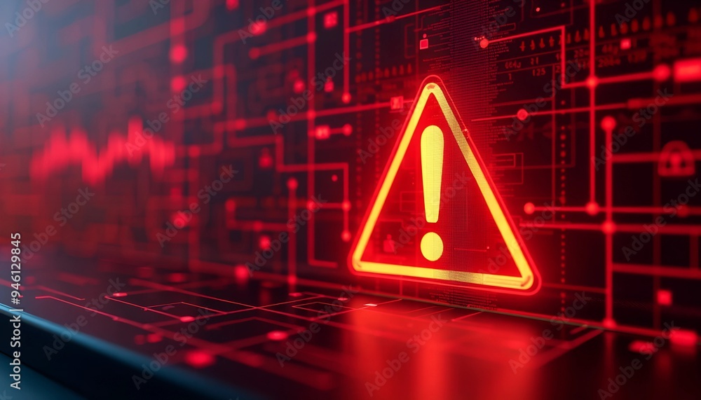 Poster abstract red digital background with orange exclamation sign - cyber grid warning symbolizing online