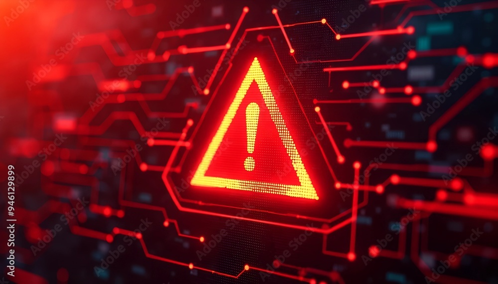 Poster abstract red digital background with orange exclamation sign - cyber grid warning symbolizing online