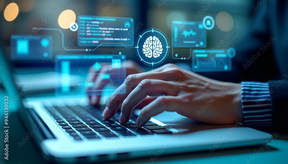 Poster ai technology in data analysis - businessman using machine learning and digital brain for business i