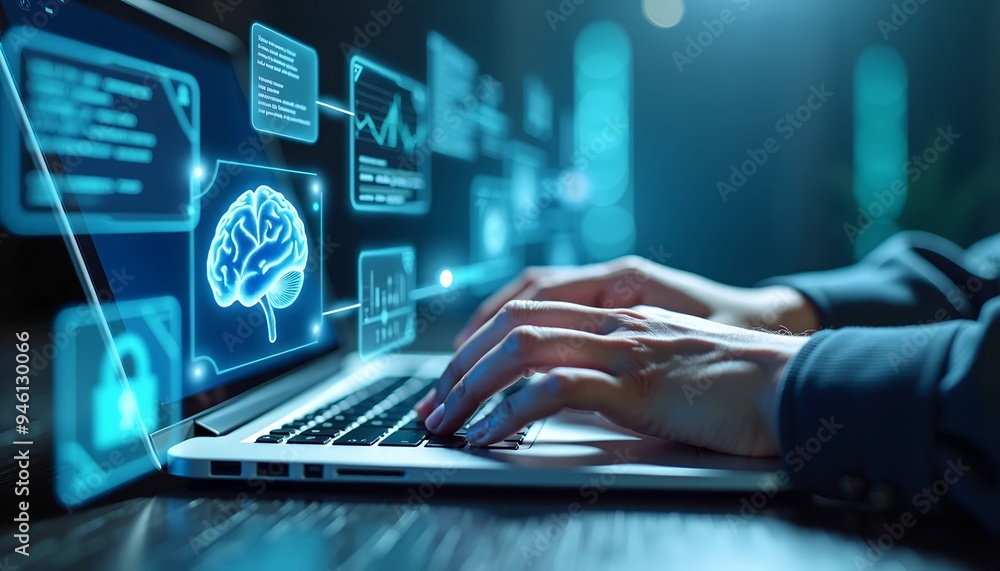 Poster ai technology in data analysis - businessman using machine learning and digital brain for business i
