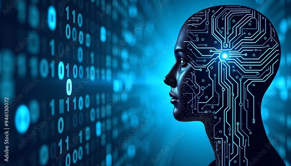 Poster artificial intelligence and iot - blue digital background with binary code, circuit board, and head 