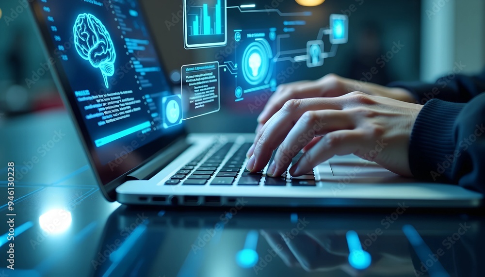 Poster ai technology in data analysis - businessman using machine learning and digital brain for business i