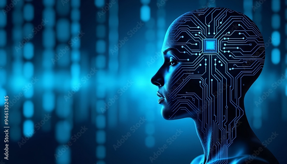Aufkleber artificial intelligence and iot - blue digital background with binary code, circuit board, and head 