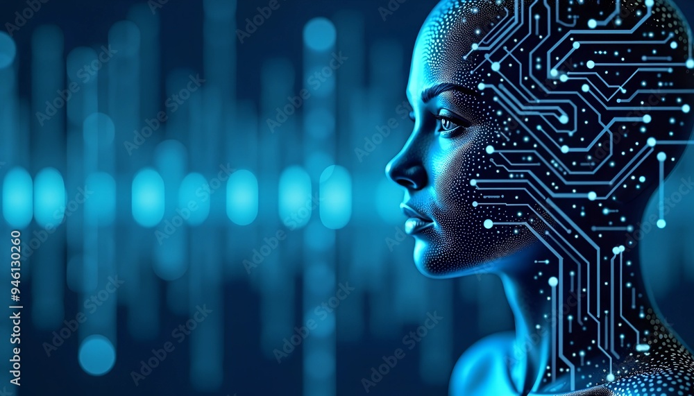 Poster artificial intelligence and iot - blue digital background with binary code, circuit board, and head 