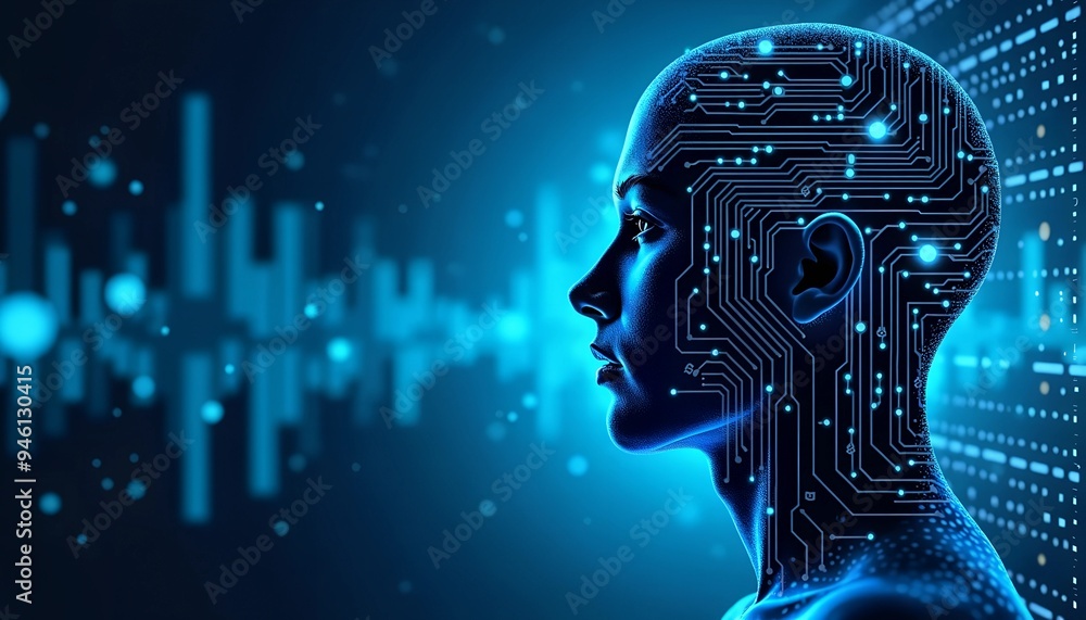Aufkleber artificial intelligence and iot - blue digital background with binary code, circuit board, and head 