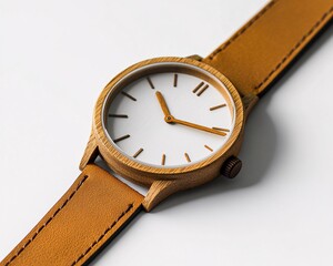 Classic woodgrain watch light oak-textured dial deep brown leather strap modern minimalist design placed on a pristine white backdrop for organic lifestyle presentations