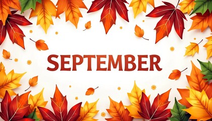 Autumn Background with Colored Leaves Illustration - White Background with 'September' Text and Banner Design