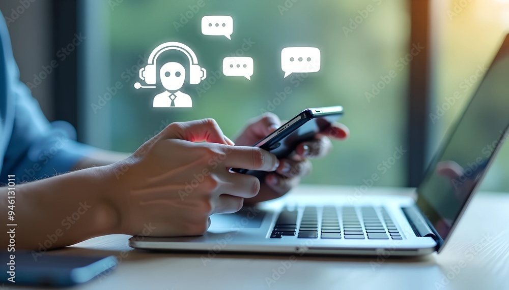 Poster digital chatbot and ai assistant - woman using smartphone for customer service with internet bot app