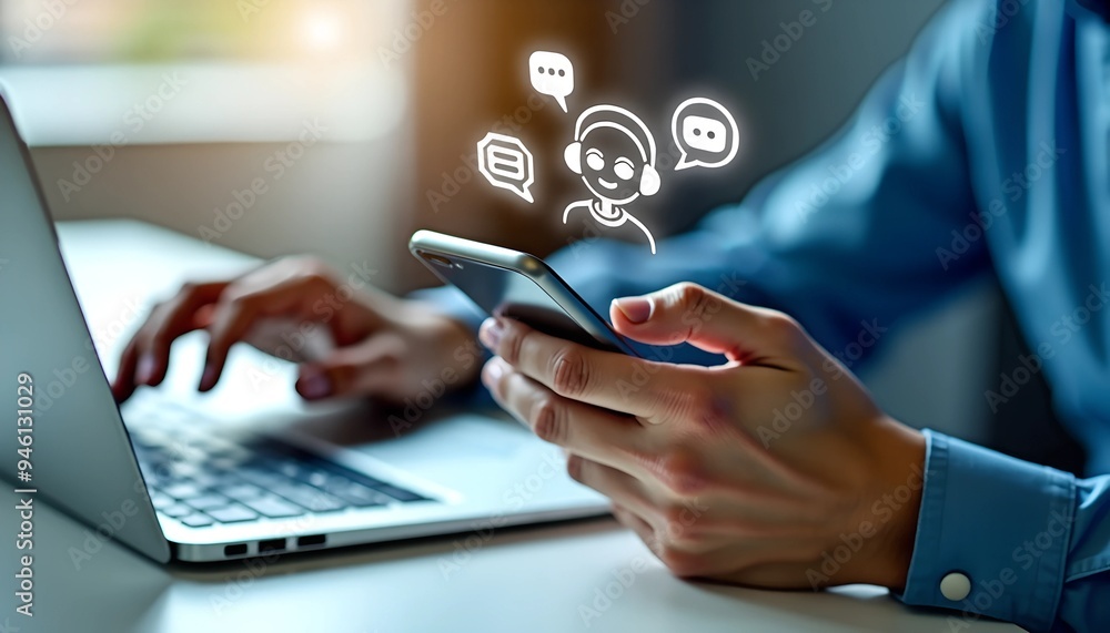 Poster digital chatbot and ai assistant - woman using smartphone for customer service with internet bot app
