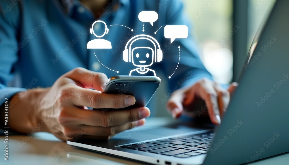 Poster digital chatbot and ai assistant - woman using smartphone for customer service with internet bot app