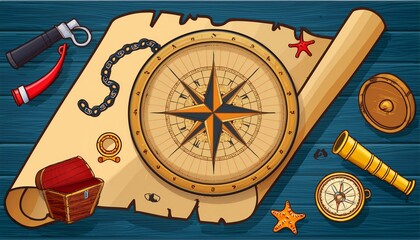 Treasure map with compass and pirate objects, Generative AI