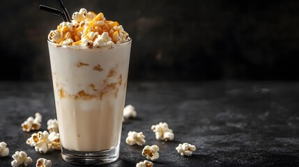 A fashionable milkshake with caramel and popcorn in a glass on a dark background, close-up,