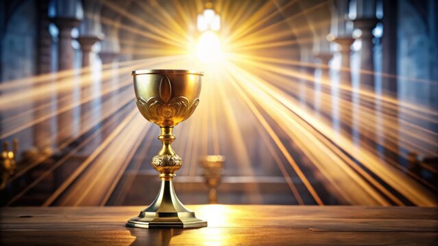 Chalice at the altar with rays of light as priest celebrates mass