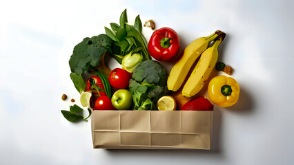 Healthy vegan vegetarian food in paper bag vegetables and fruits on white, shopping food supermarket and clean vegan eating concept