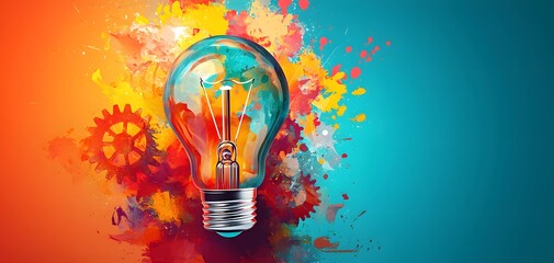 A Vibrant Light Bulb Surrounded by Colorful Gears and Splashes of Paint, Signifying Creativity