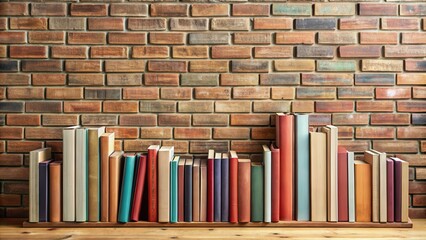 Books neatly arranged on brick background