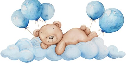 a teddy bear holding blue balloons