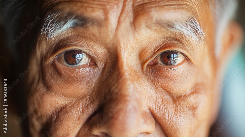Poster elderly men from various ethnic groups sit calmly, their wise expressions reflecting a lifetime of e