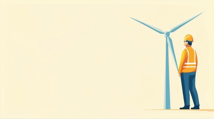 Wind farm engineer flat design side view environmental impact theme cartoon drawing Triadic Color Scheme