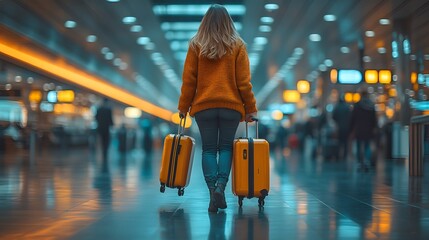 Travelers at the airport, pulling suitcases, ready to check in and begin their journey.