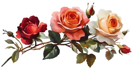 Beautiful Rose Bouquet Oil Painting on White Background